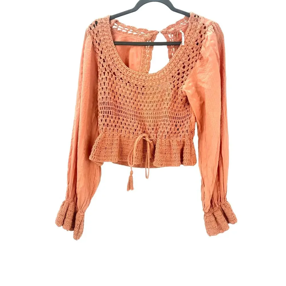Free People Megan Crochet Knit Peplum Puff Sleeve Top Coral Sand Size Small NWOT